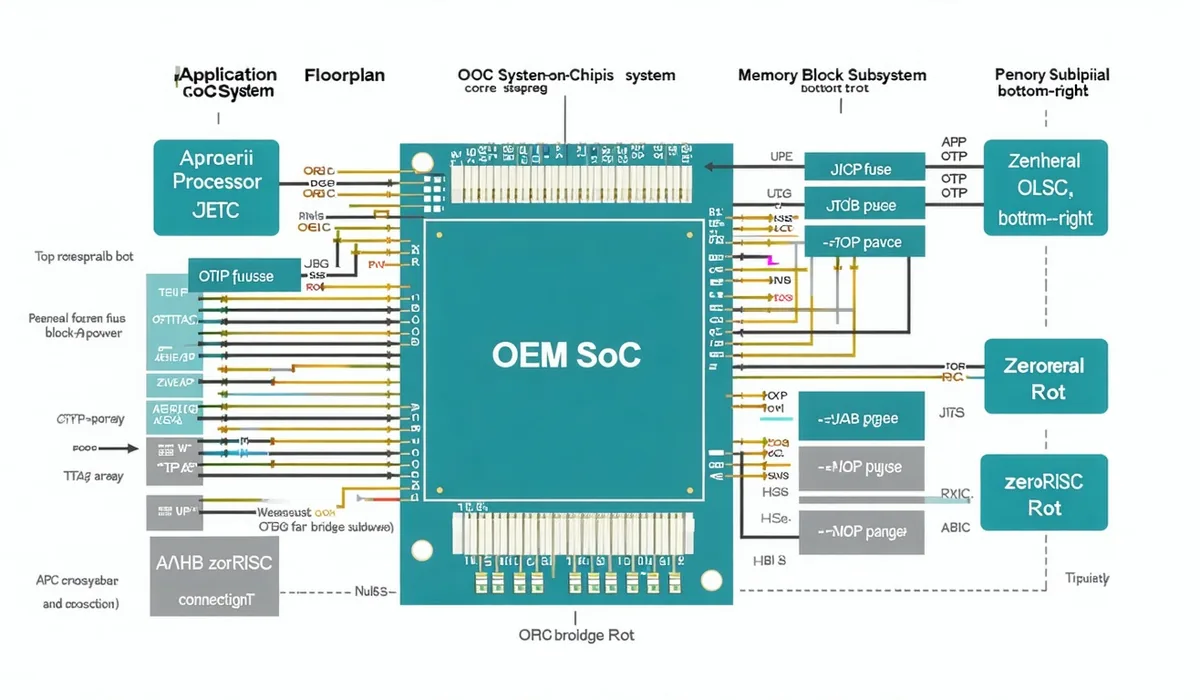 SoC integration diagram showing zeroRISC root-of-trust IP block placement within silicon system-on-chip context